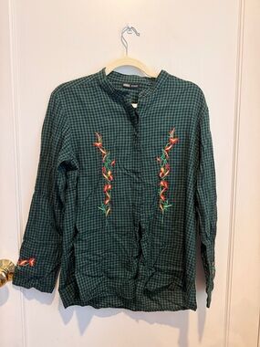 Mango Green Gingham Button-Down Shirt with Red Floral Embroidery
